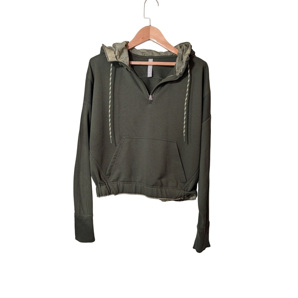 Athleta Womens XS Olive Green Quarter Zip Cropped Hoodie Ripstop Lined Pullover